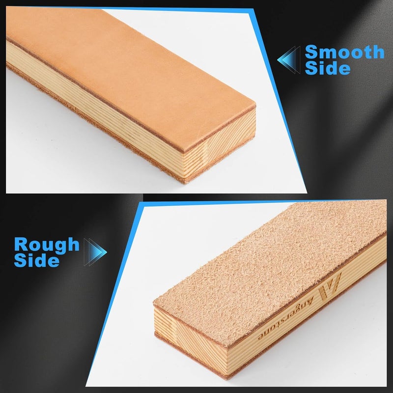 Angerstone Double Side Leather Strop for Knife Sharpening - 14"x 2" Stropping Block Kit with Polishing Compound, Knife Strop with Ergonomic Handle for Honing Knives, Woodworking Chisels - Image 3